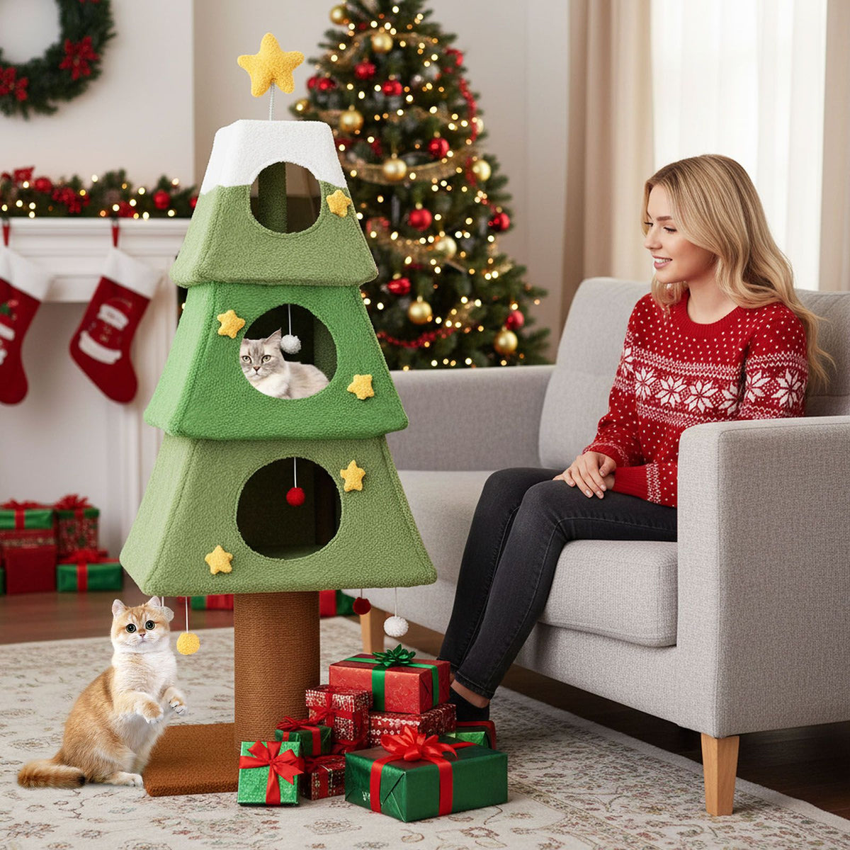 Christmas Cat Tree with 3 Condos and Sisal Scratching Post