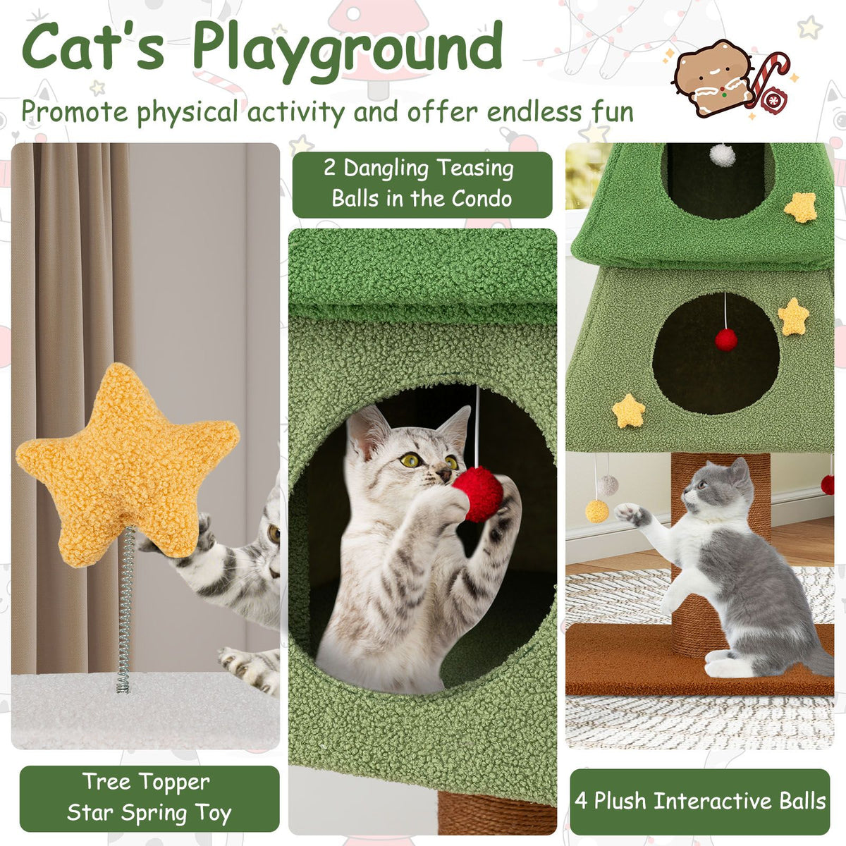 Christmas Cat Tree with 3 Condos and Sisal Scratching Post