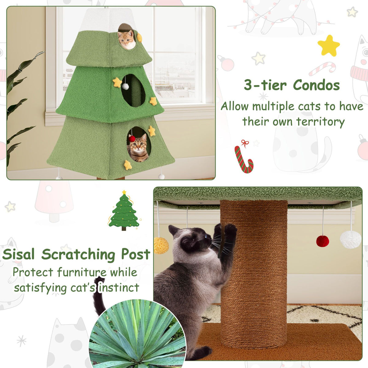 Christmas Cat Tree with 3 Condos and Sisal Scratching Post