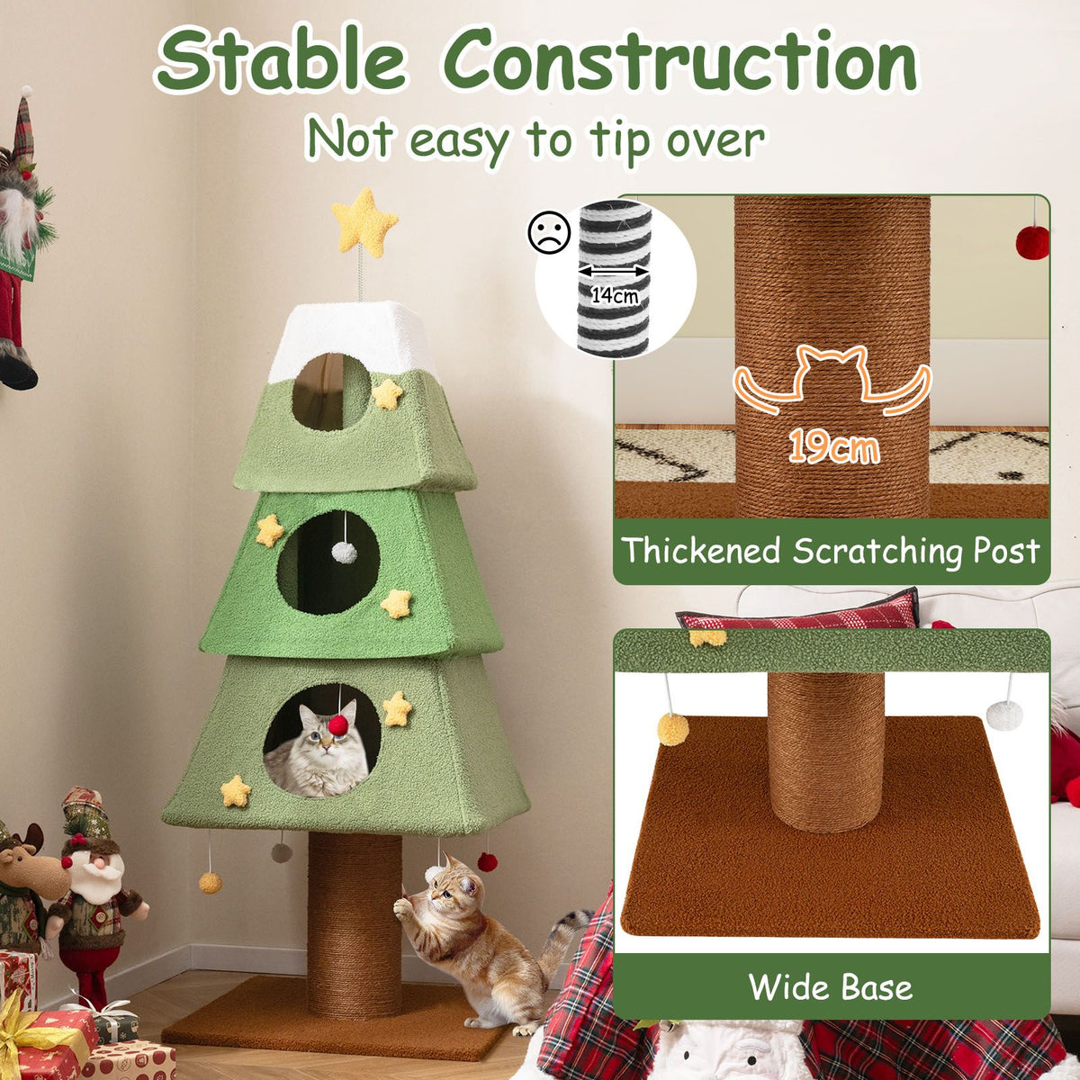 Christmas Cat Tree with 3 Condos and Sisal Scratching Post