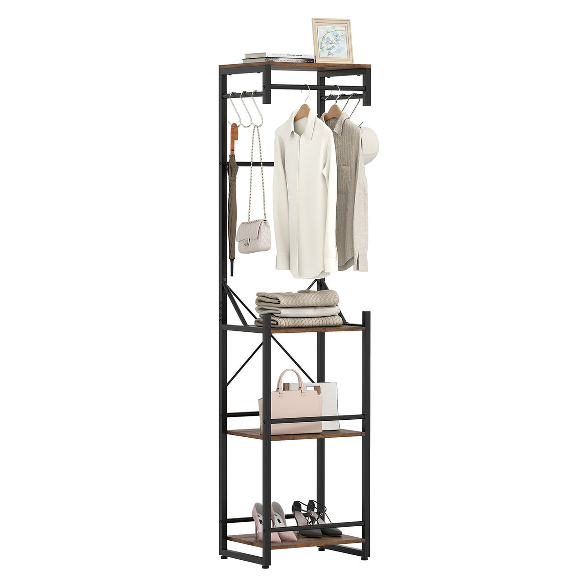 Coat Rack with Shelves Freestanding Slim Hall Tree with 6 Hooks