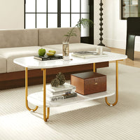 Modern 2-tier Faux Marble Top Coffee Table with Rounded Corners and Storage Shelf