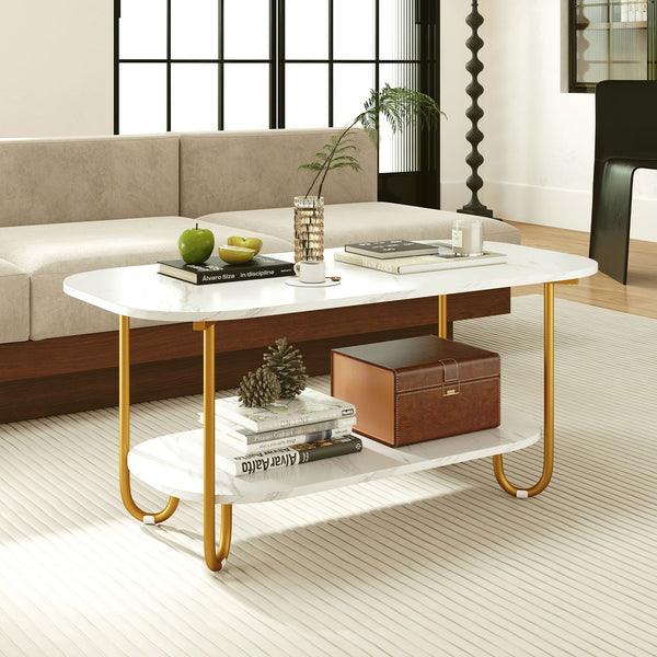 Modern 2-tier Faux Marble Top Coffee Table with Rounded Corners and Storage Shelf