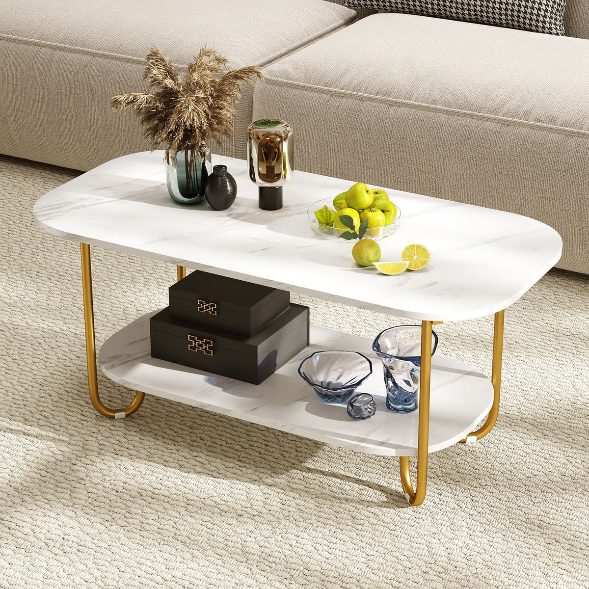 Modern 2-tier Faux Marble Top Coffee Table with Rounded Corners and Storage Shelf