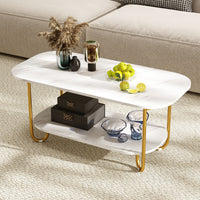 Modern 2-tier Faux Marble Top Coffee Table with Rounded Corners and Storage Shelf