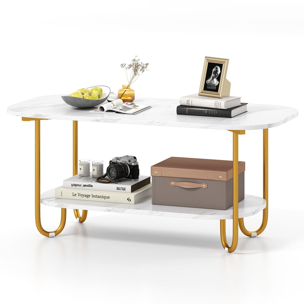 Coffee Table Rounded Corners Modern 2-tier Faux Marble Top Coffee Table with Rounded Corners and St ...