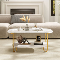 Modern 2-tier Faux Marble Top Coffee Table with Rounded Corners and Storage Shelf