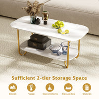 Modern 2-tier Faux Marble Top Coffee Table with Rounded Corners and Storage Shelf