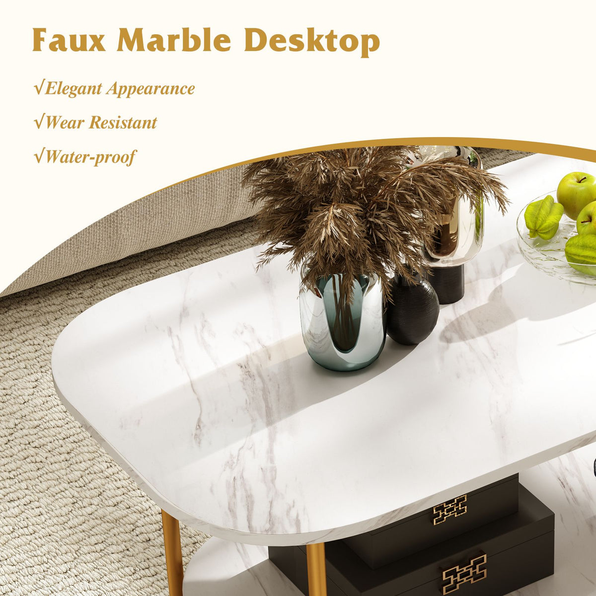 Modern 2-tier Faux Marble Top Coffee Table with Rounded Corners and Storage Shelf