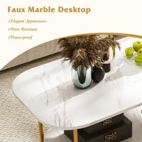 Modern 2-tier Faux Marble Top Coffee Table with Rounded Corners and Storage Shelf
