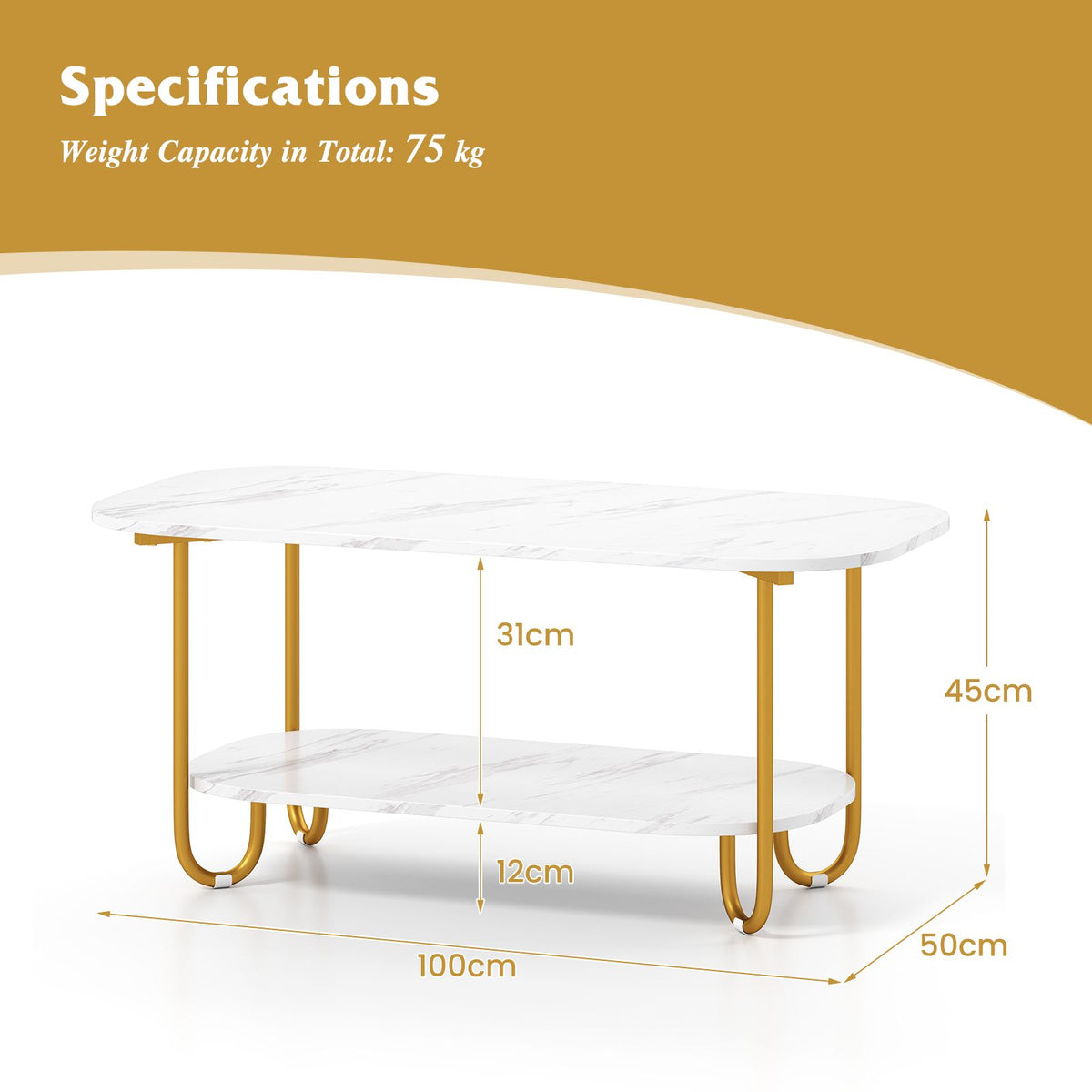 Coffee Table Rounded Corners Modern 2-tier Faux Marble Top Coffee Table with Rounded Corners and St ...