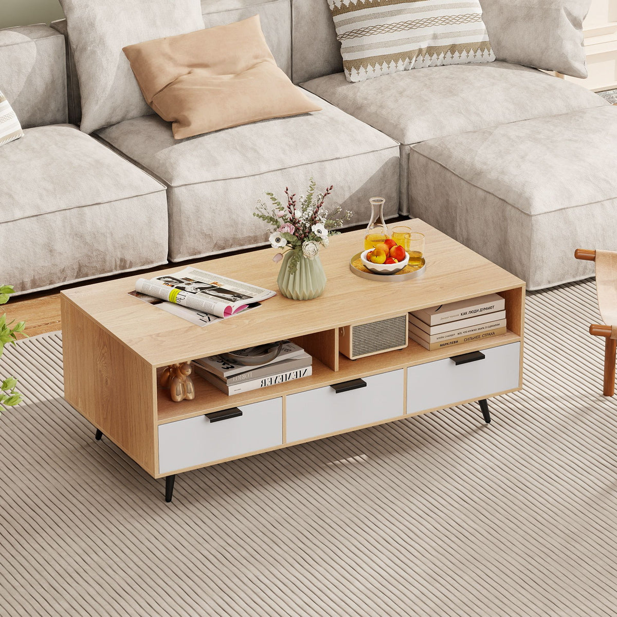 Coffee Table with Storage 120cm Center Table with 2 Open Compartments