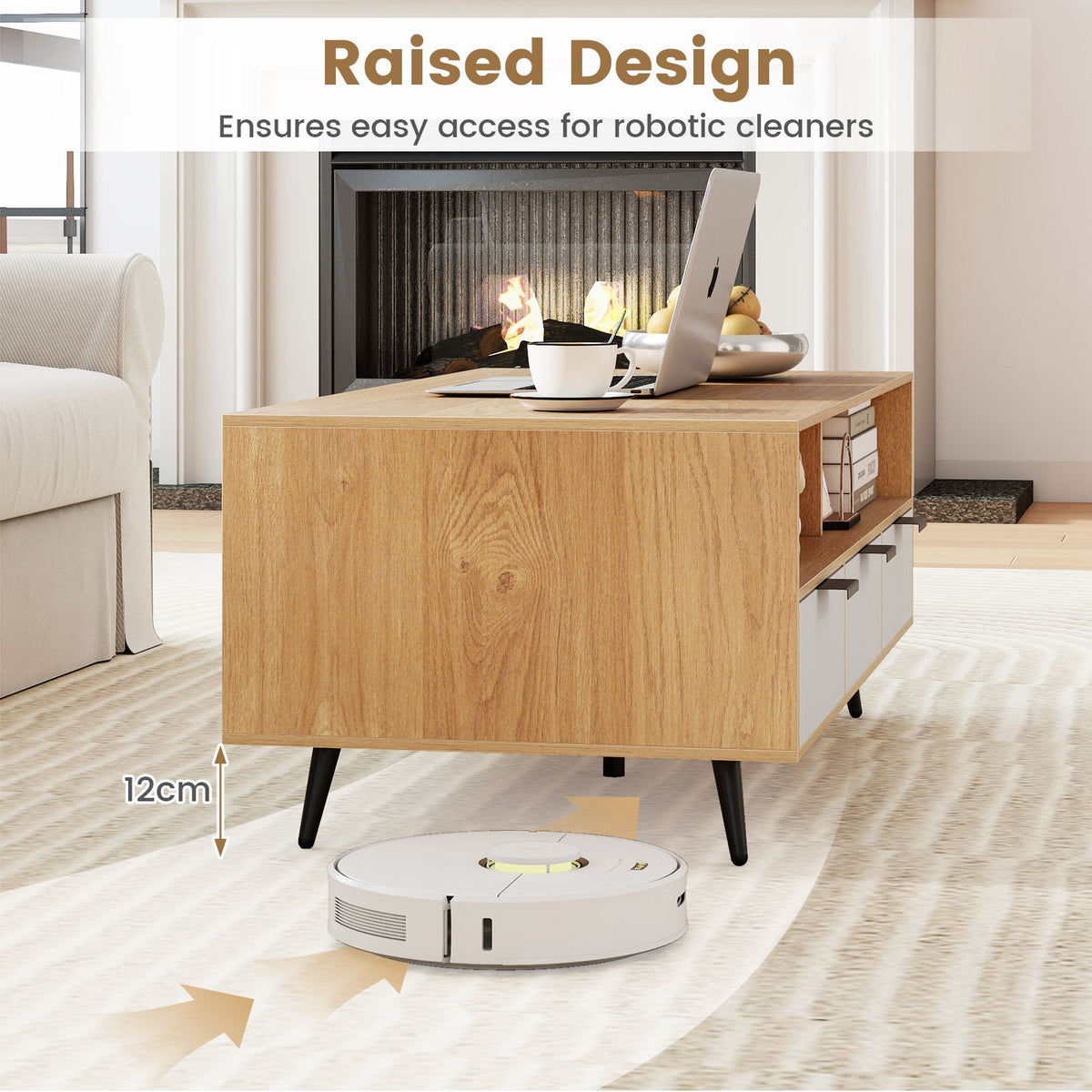 Coffee Table with Storage 120cm Center Table with 2 Open Compartments