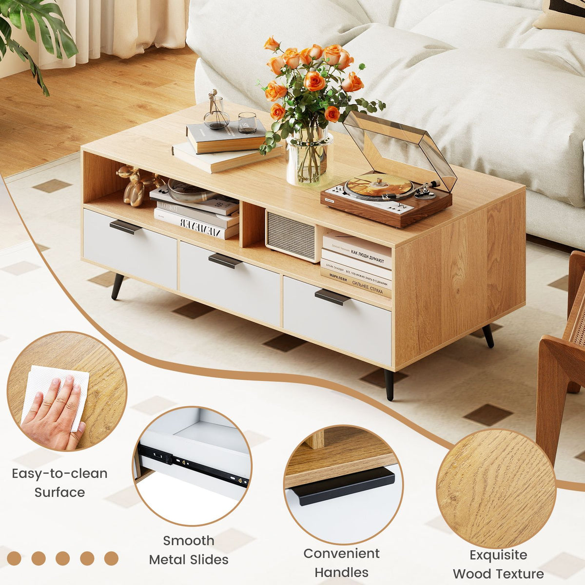 Coffee Table with Storage 120cm Center Table with 2 Open Compartments