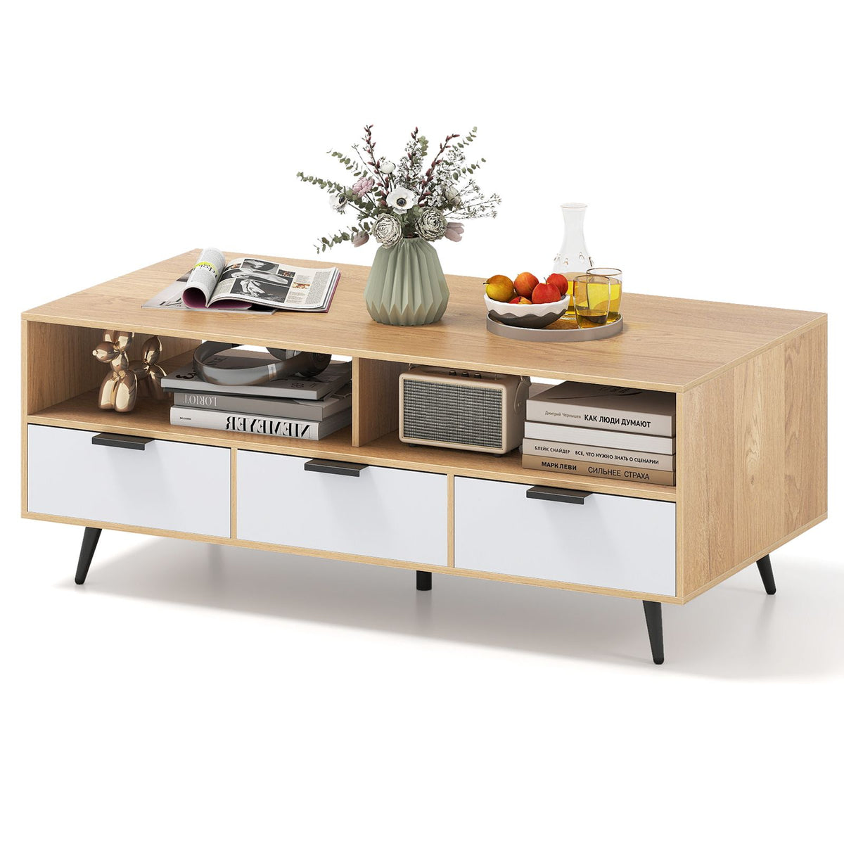 Coffee Table with Storage 120cm Center Table with 2 Open Compartments