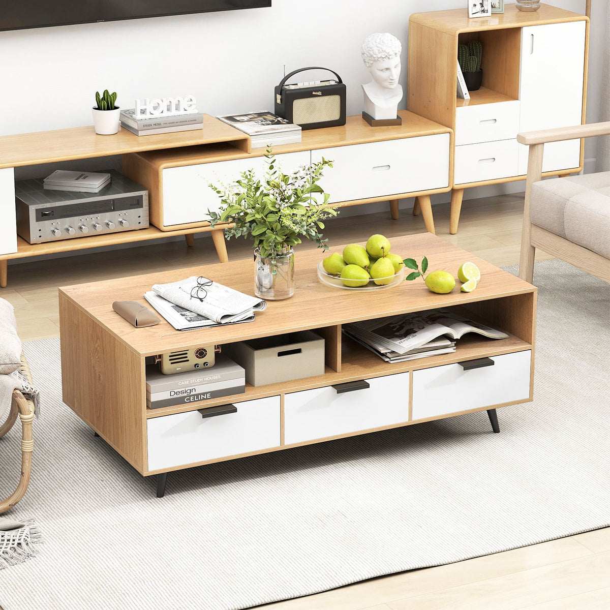 Coffee Table with Storage 120cm Center Table with 2 Open Compartments