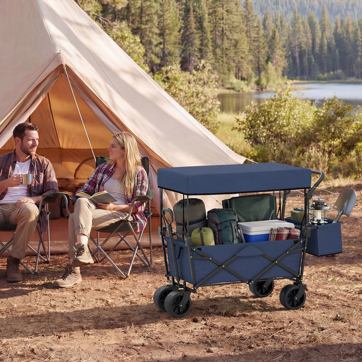 Collapsible Wagon with Removable Canopy and Adjustable Handles for Beach