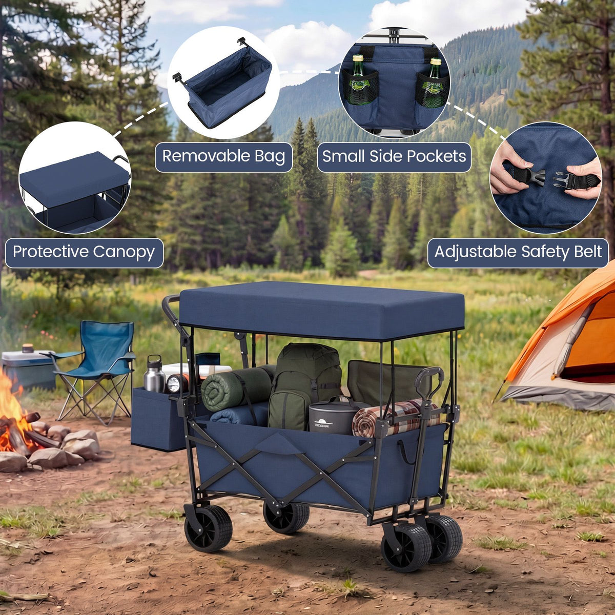 Collapsible Wagon with Removable Canopy and Adjustable Handles for Beach