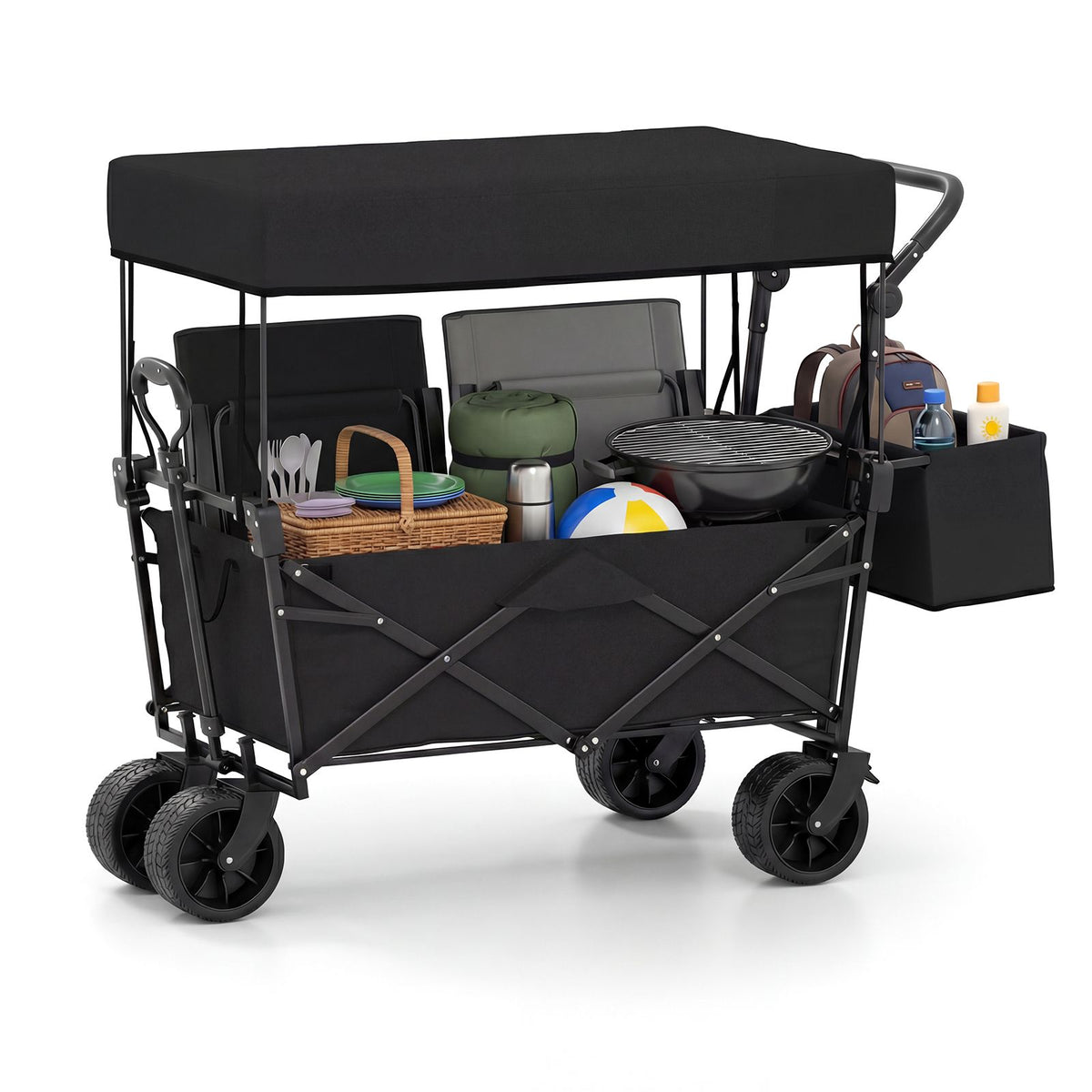 Collapsible Wagon with Removable Canopy and Adjustable Handles for Beach