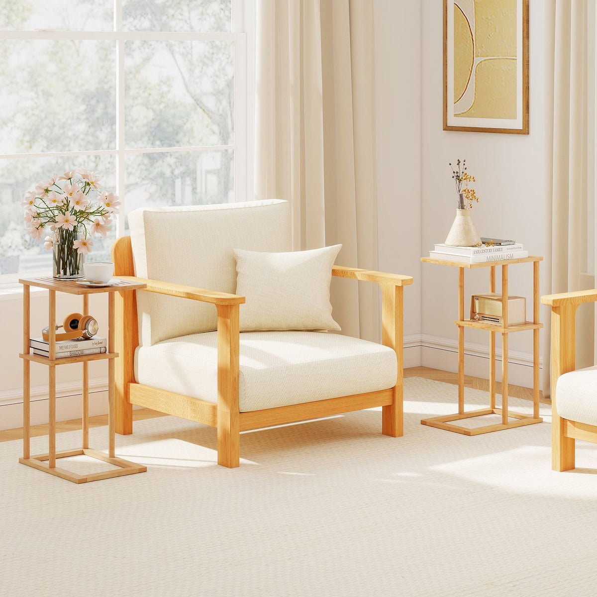 Compact Rectangular End Table Set of 2 with Storage Shelves for Living Room