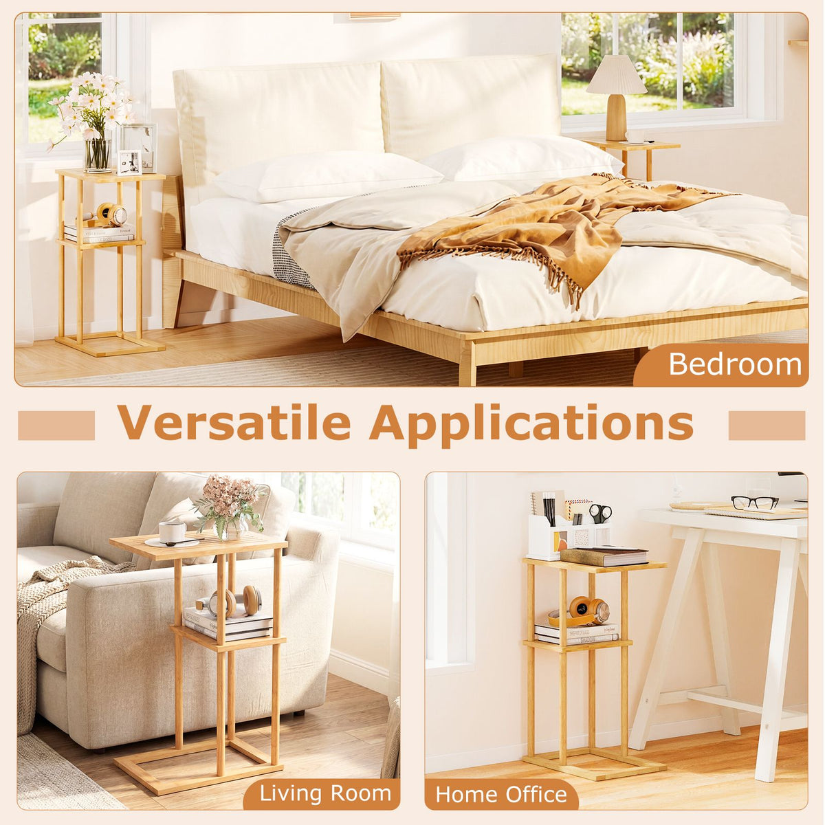 Compact Rectangular End Table Set of 2 with Storage Shelves for Living Room