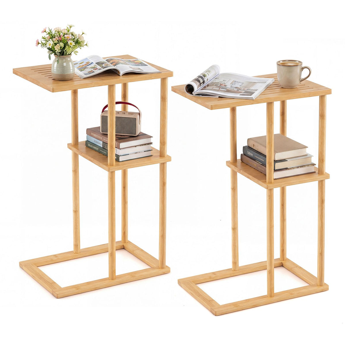 Compact Rectangular End Table Set of 2 with Storage Shelves for Living Room