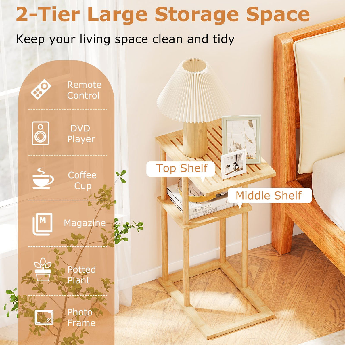 Compact Rectangular End Table Set of 2 with Storage Shelves for Living Room