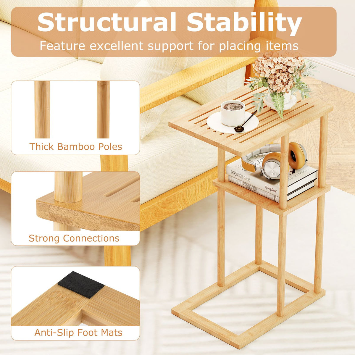 Compact Rectangular End Table Set of 2 with Storage Shelves for Living Room