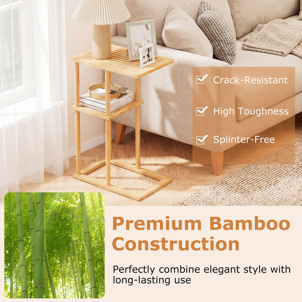 Compact Rectangular End Table Set of 2 with Storage Shelves for Living Room