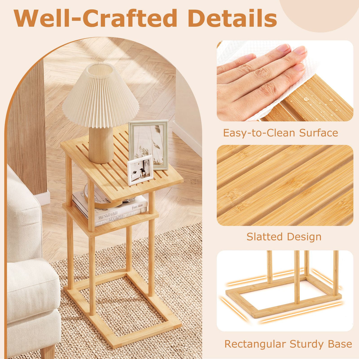 Compact Rectangular End Table Set of 2 with Storage Shelves for Living Room