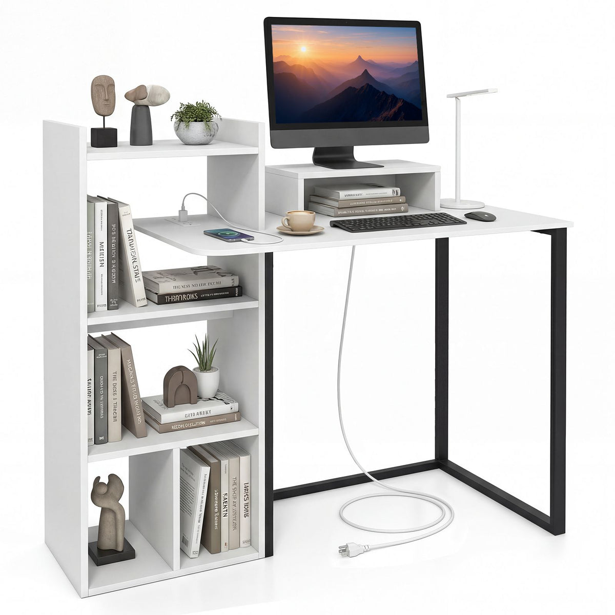 Computer Desk with Charging Station and Ergonomic Monitor Stand for Home Office
