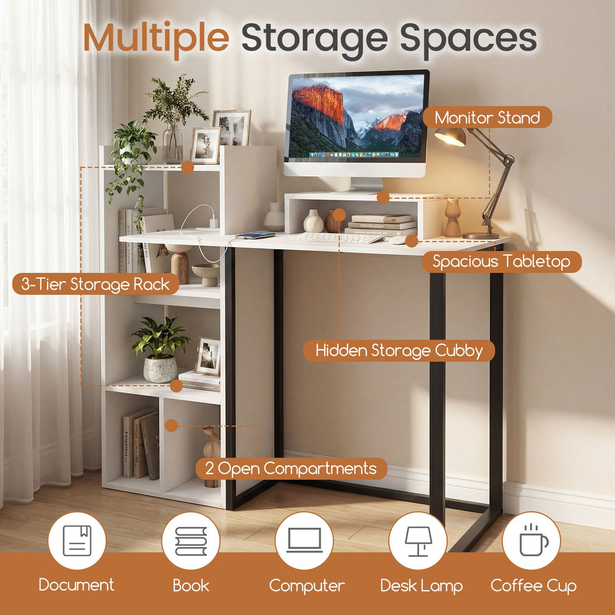Computer Desk with Charging Station and Ergonomic Monitor Stand for Home Office