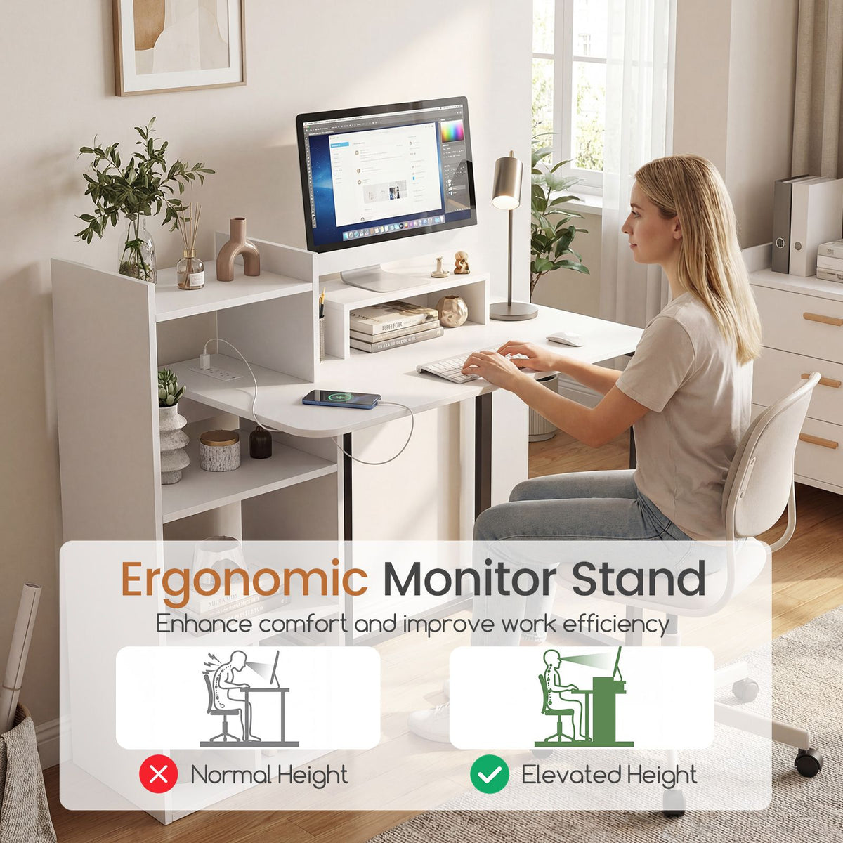 Computer Desk with Charging Station and Ergonomic Monitor Stand for Home Office