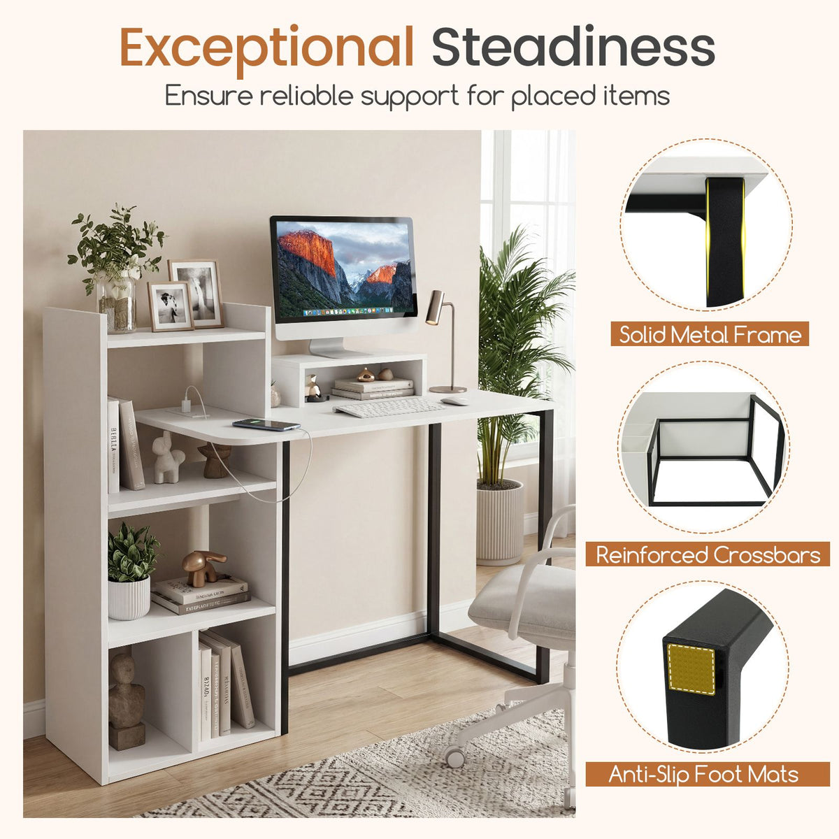 Computer Desk with Charging Station and Ergonomic Monitor Stand for Home Office