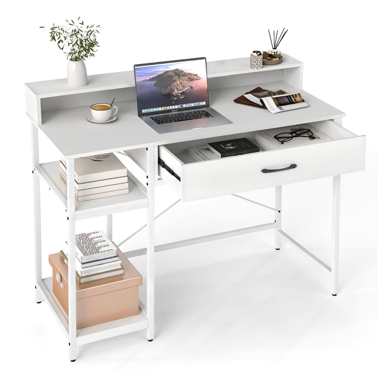 106 cm Computer Desk with Storage and 2-tier Rack