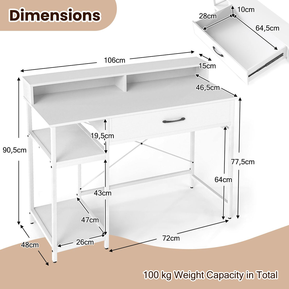 106 cm Computer Desk with Storage and 2-tier Rack