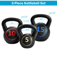 3 Pieces Kettlebell Set 5lbs 10lbs 15lbs Fitness Kettle Bells w/Easy Grip Handle