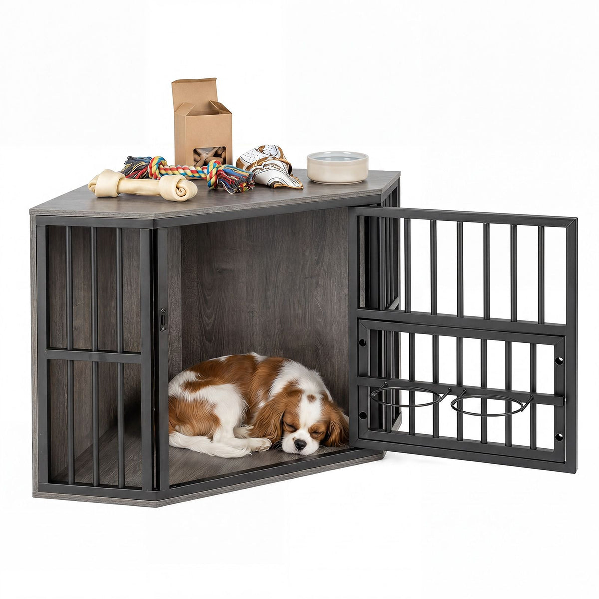 Corner Dog Crate 2-in-1 Kennel and TV Stand with Adjustable Dog Bowl Rack