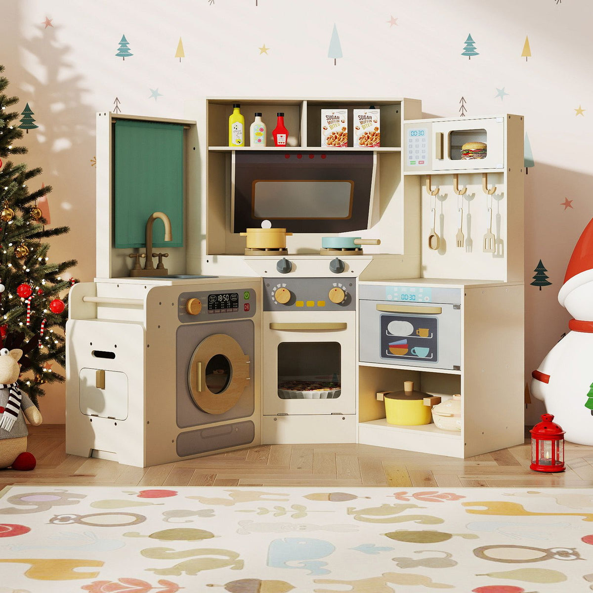 Corner Kitchen with Pull-out Trash Can and Cooking Accessories