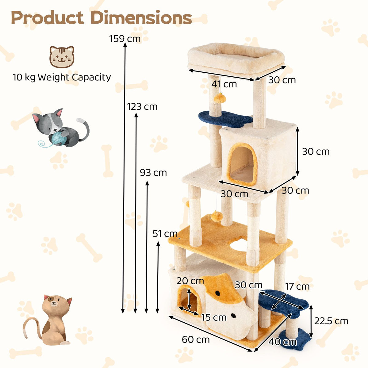 Cute Cat Tree for Indoor Kittens 159 cm Large Kitty Tower with 2 Condos