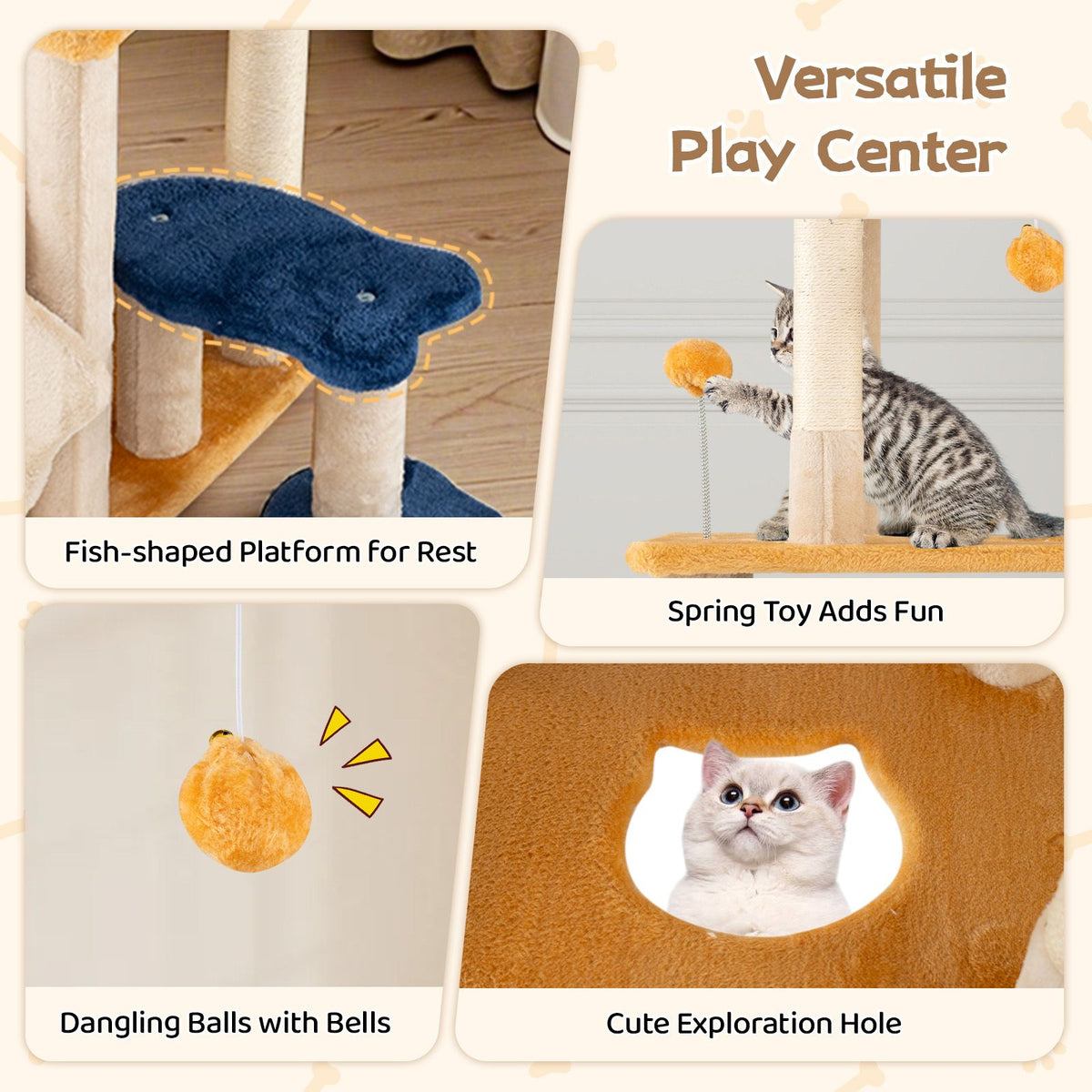 Cute Cat Tree for Indoor Kittens 159 cm Large Kitty Tower with 2 Condos