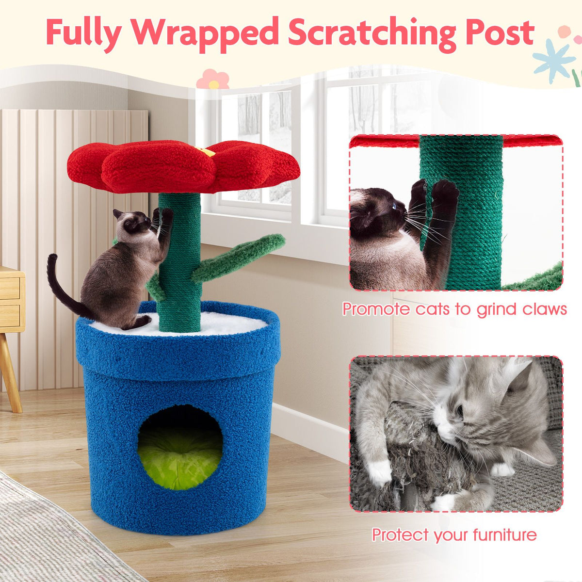 Cute Cat Tree with Flower Perch and Stem Scratching Post