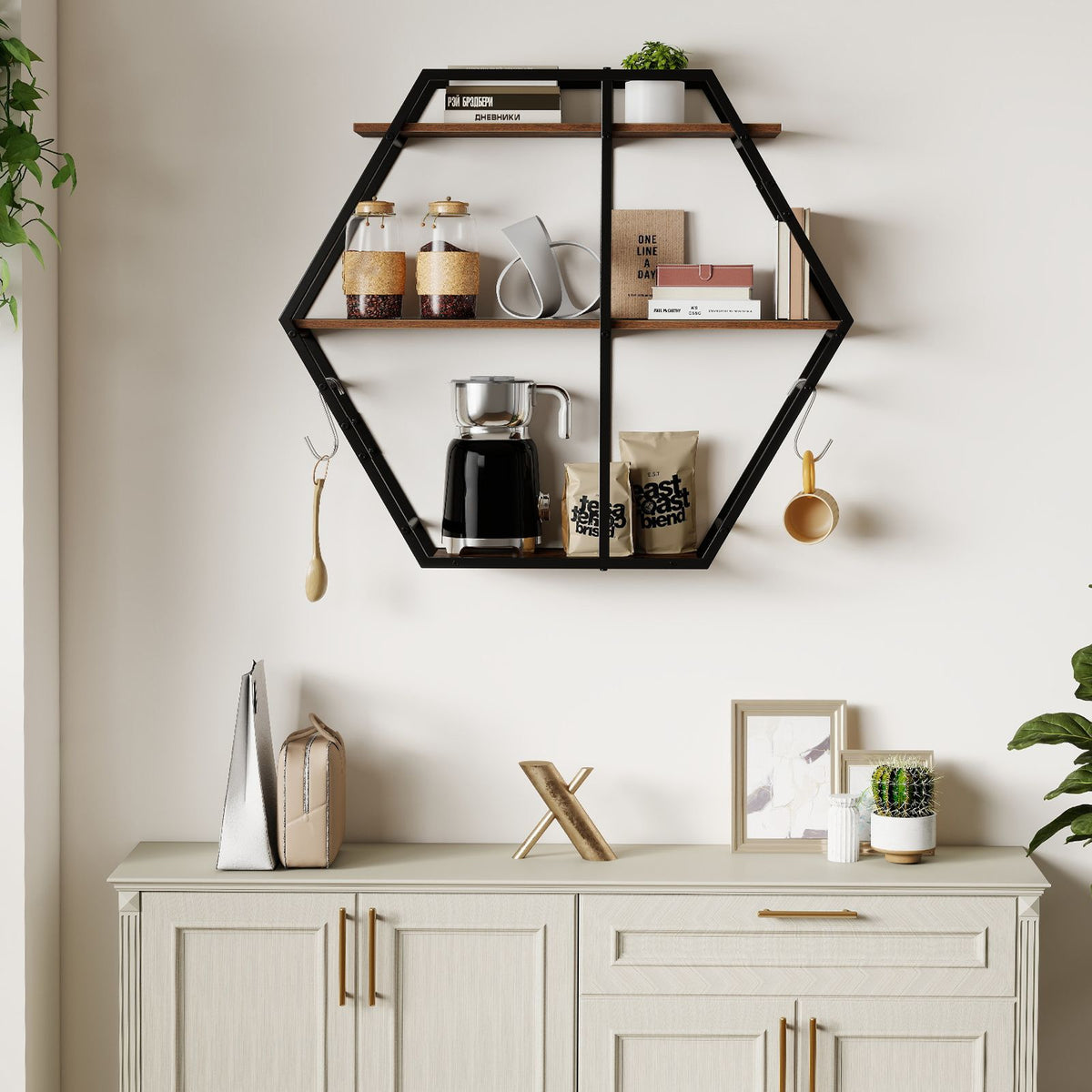 3-Tier Decorative Floating Wall Shelves with Solid Metal Frame