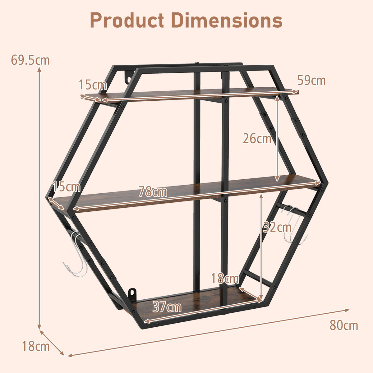 3-Tier Decorative Floating Wall Shelves with Solid Metal Frame