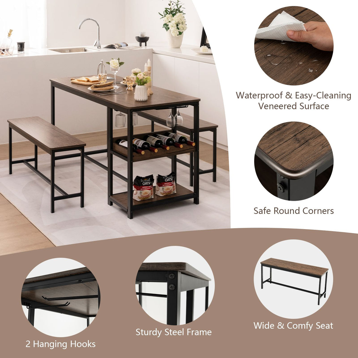 Giantax 3 PCS Dining Table Set for 4, Dining Table & 2 Benches with Glass Holder