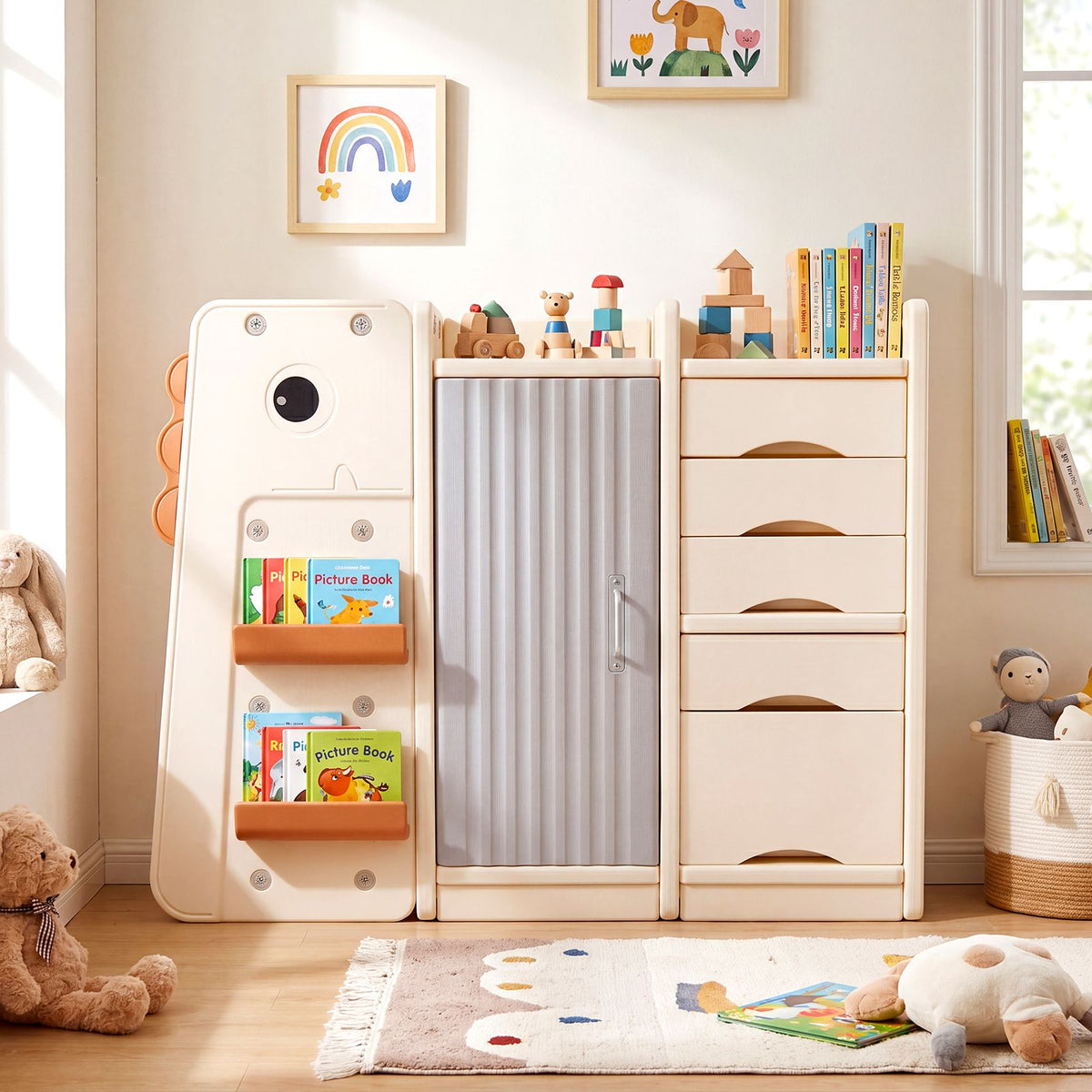 Dinosaur Toy Storage with 5 Bins and 3-Tier Bookshelf for Kids