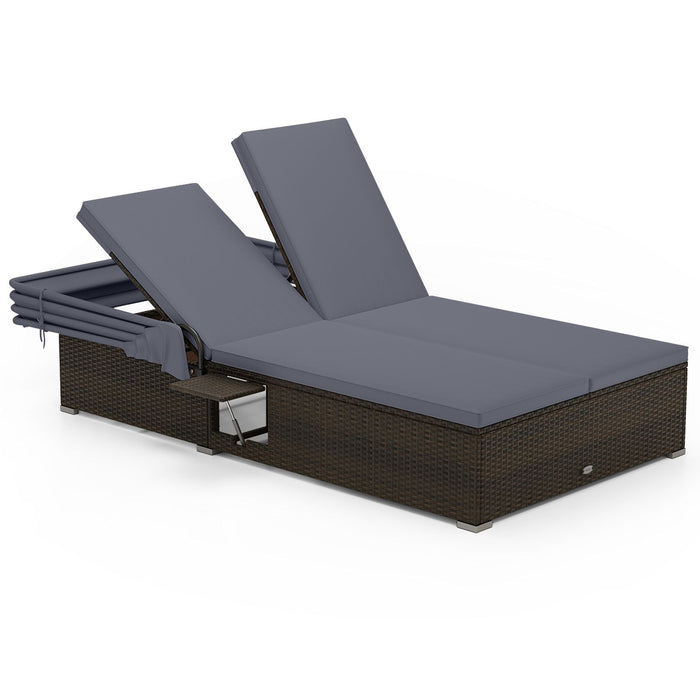 Double Chaise Lounge with Adjustable Recliner and Folding Trays