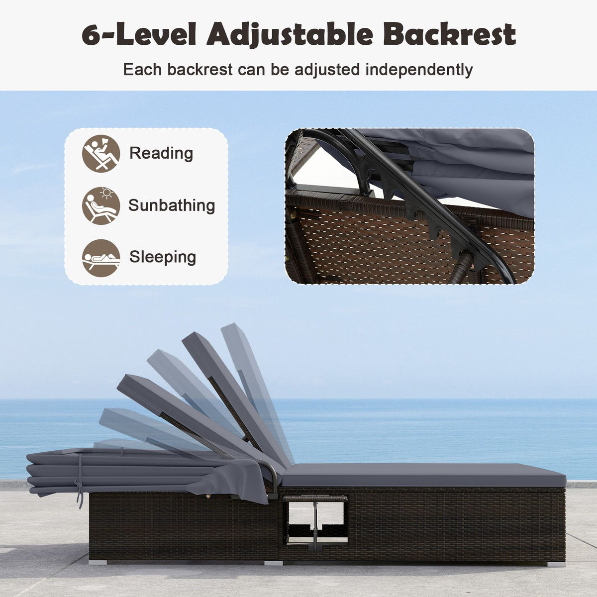 Double Chaise Lounge with Adjustable Recliner and Folding Trays