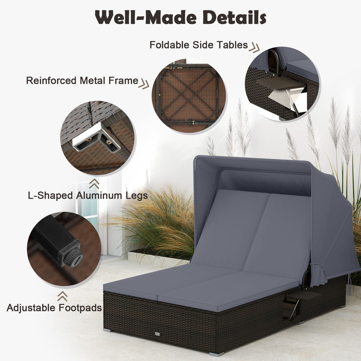 Double Chaise Lounge with Adjustable Recliner and Folding Trays