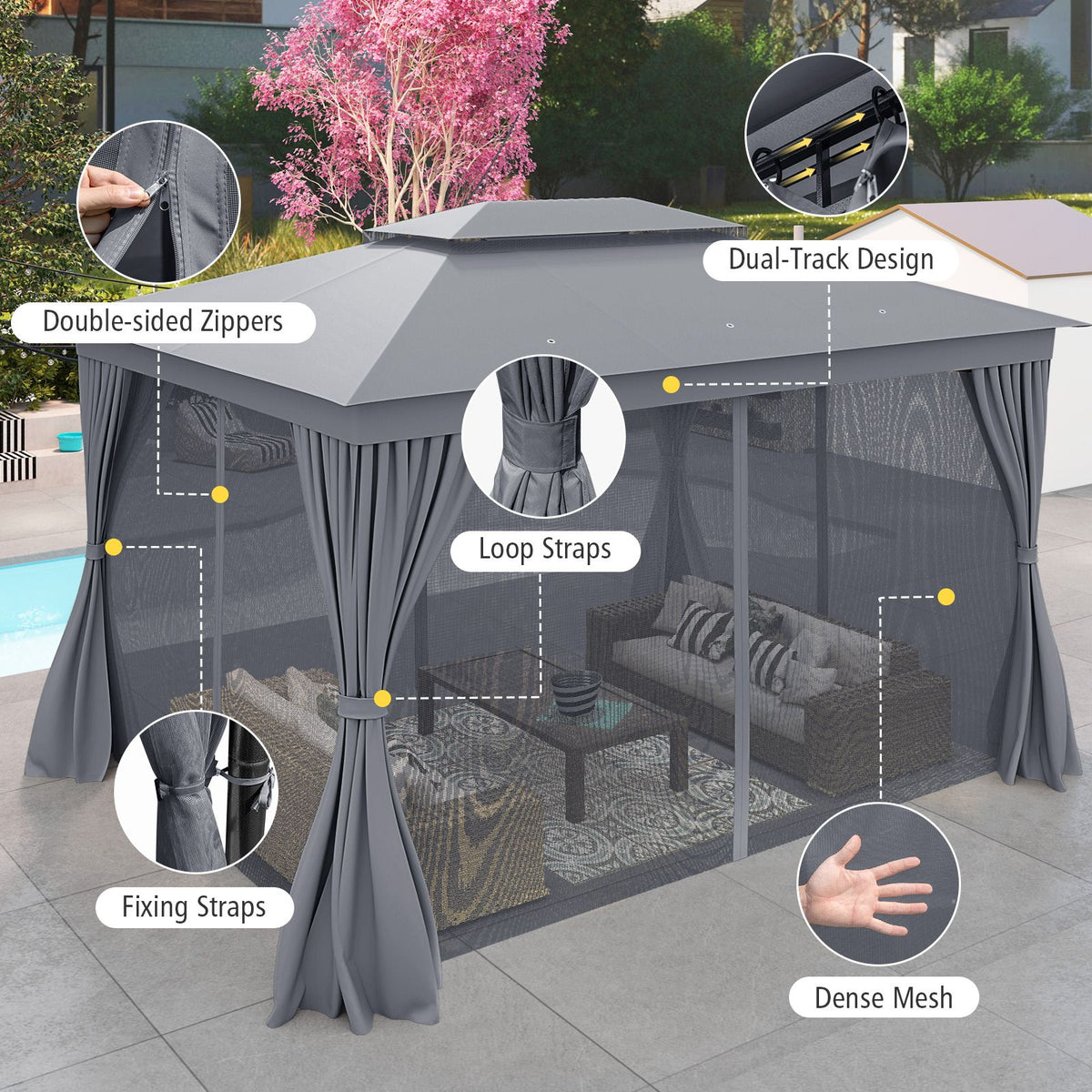 Double-Roof Canopy Tent with Mesh Netting and Soft Fabric Top
